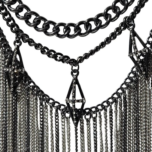 Edgy Black Silver Tone Chain Rhinestone Fringe Statement Bib Necklace Art Deco - Picture 3 of 8